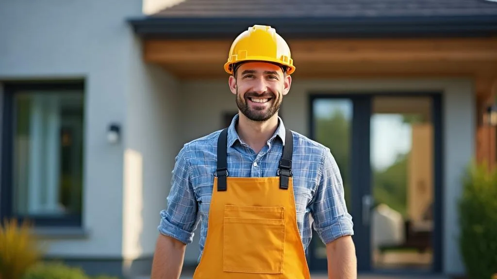A friendly young handyman with a tool bag arriving at a modern home