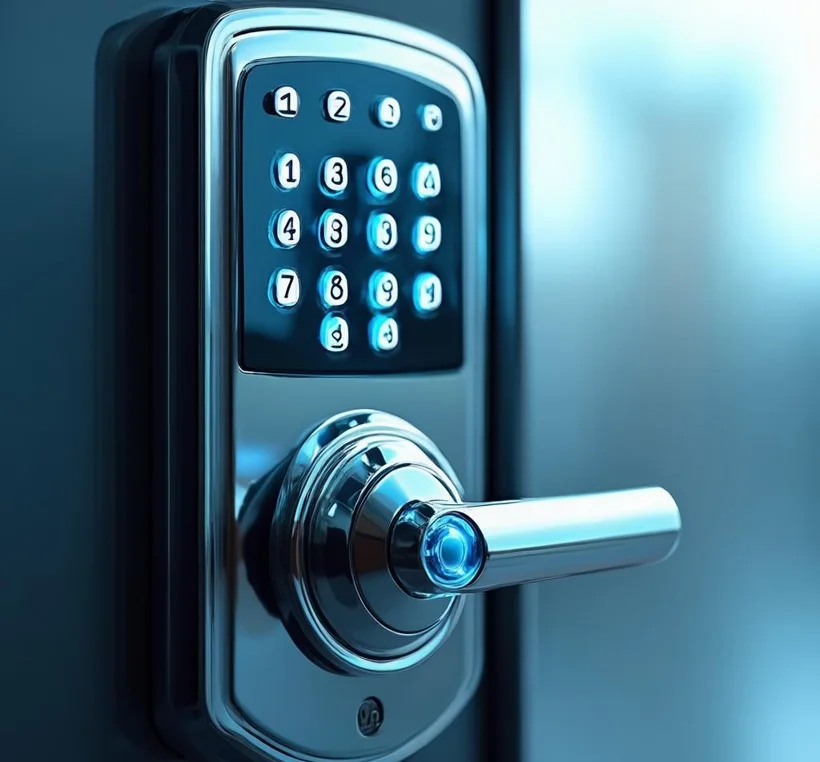 Sleek modern smart door lock with a lit keypad