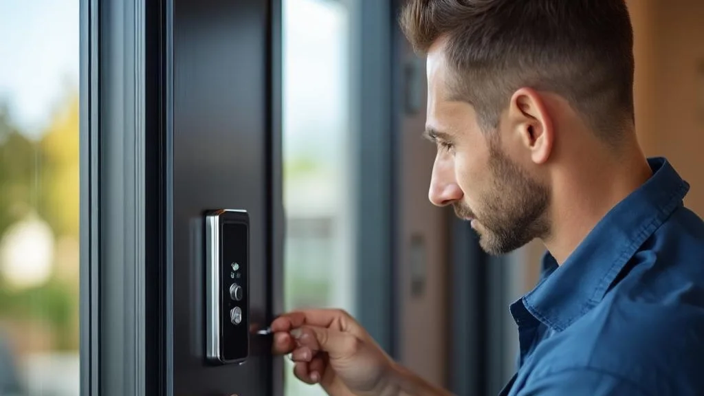 Locksmith installing a smart lock on a secure front door