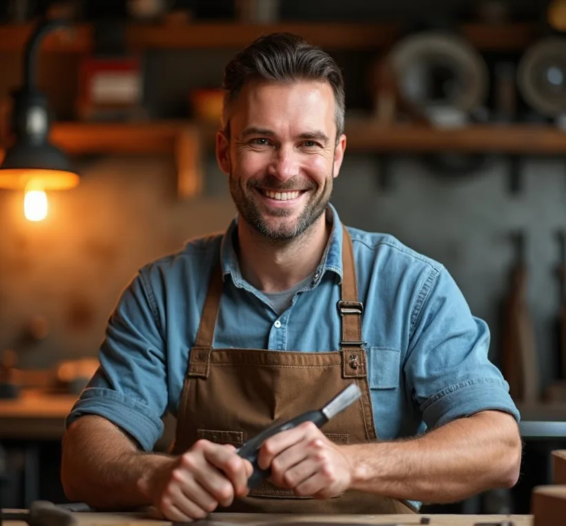 Daniel Hart, master joiner, holding a chisel in the workshop