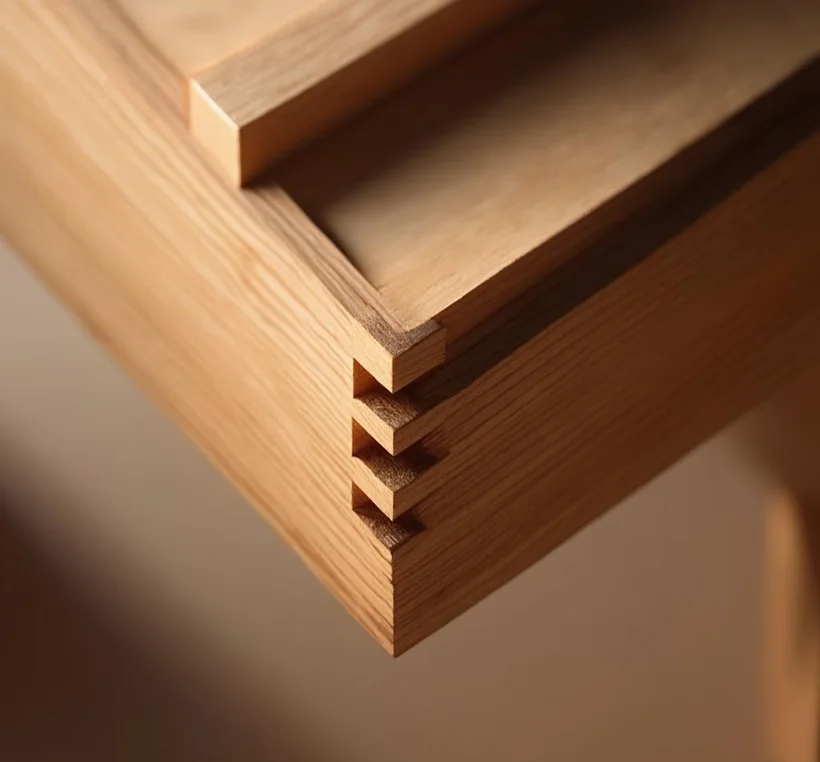 A finely crafted hand-cut dovetail joint in solid timber, shown close up