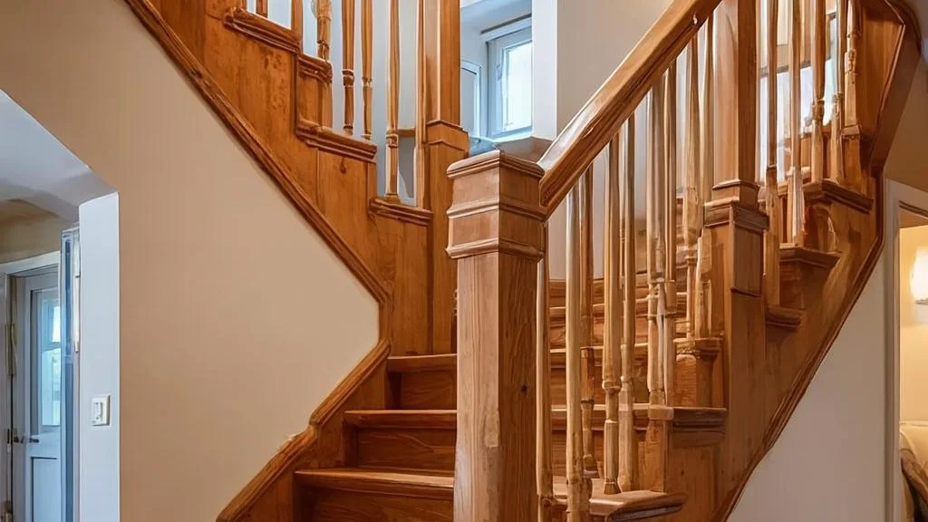 A bespoke handcrafted oak staircase curving through a warm, light-filled home