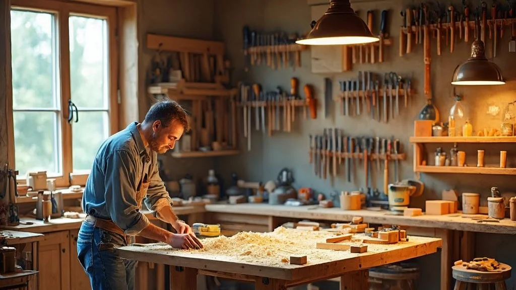 A warm, timber-filled carpentry and joinery workshop with planks and tools