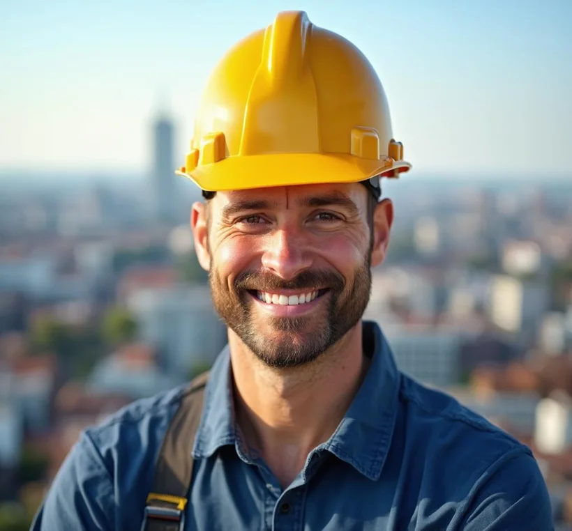 Professional roofer in safety gear ready for work