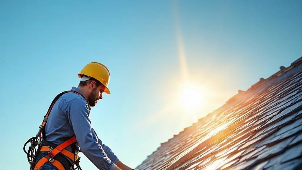 Roofer installing slate tiles on a pitched roof against a clear blue sky