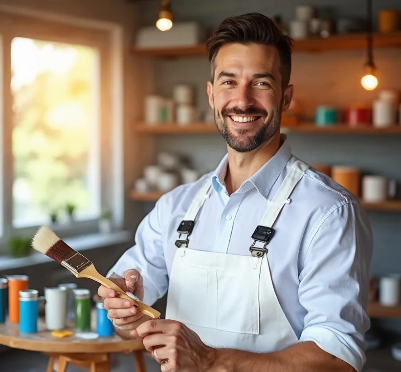 Marcus Hale, master decorator and founder of TrueHue, holding a brush