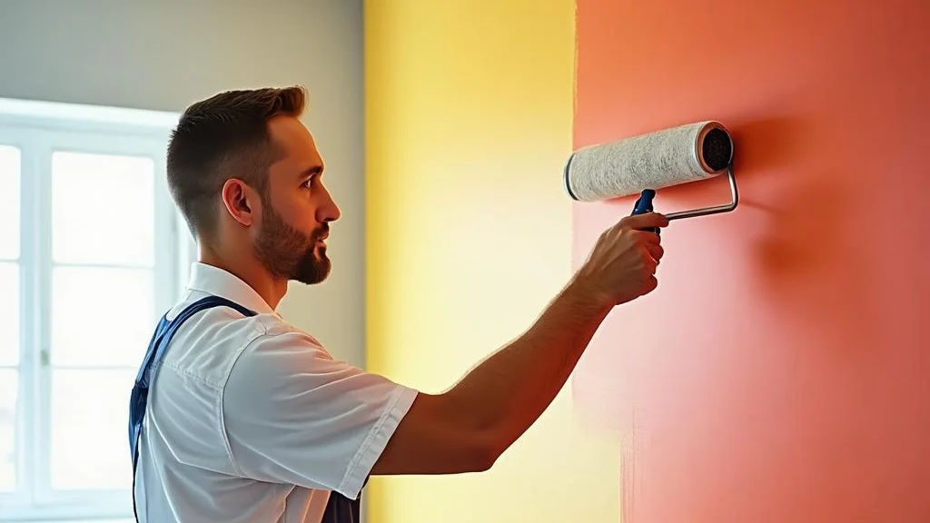 A decorator carefully rolling fresh paint across a smooth wall