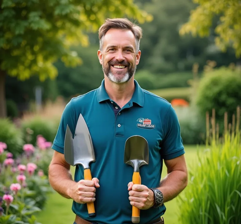 Friendly landscaper with tools in a garden