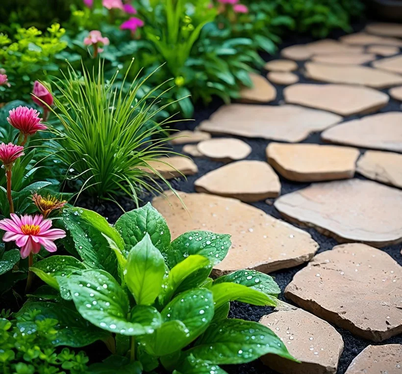 Natural stone patio with lush planting