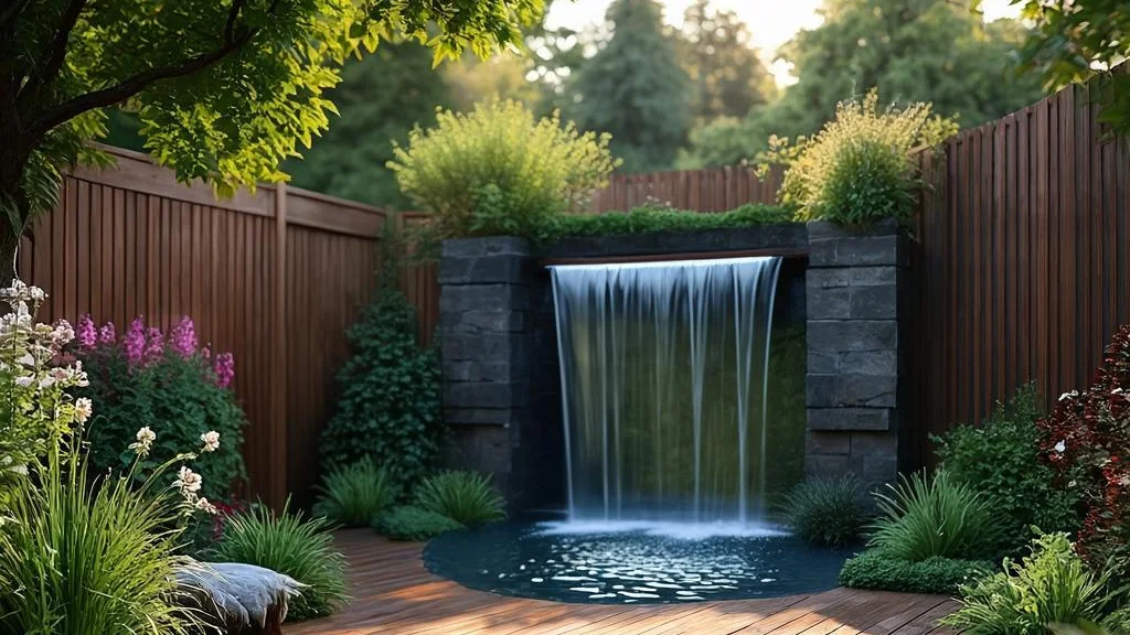 A modern garden transformation with timber decking, lush borders and a reflective water feature