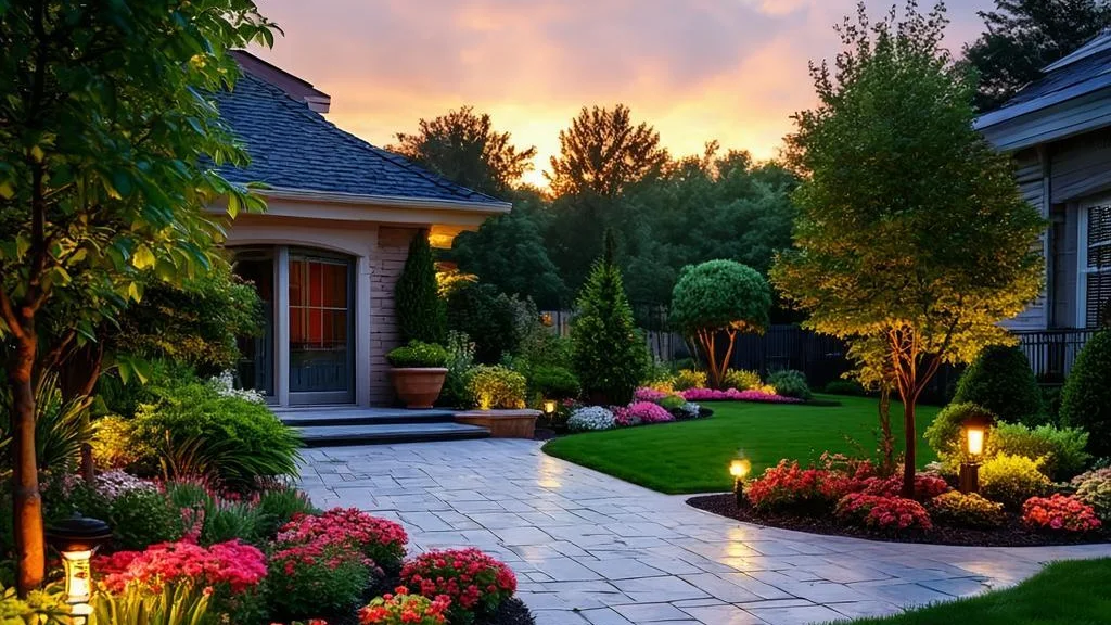 A beautifully landscaped garden glowing at golden hour with layered planting and a stone path